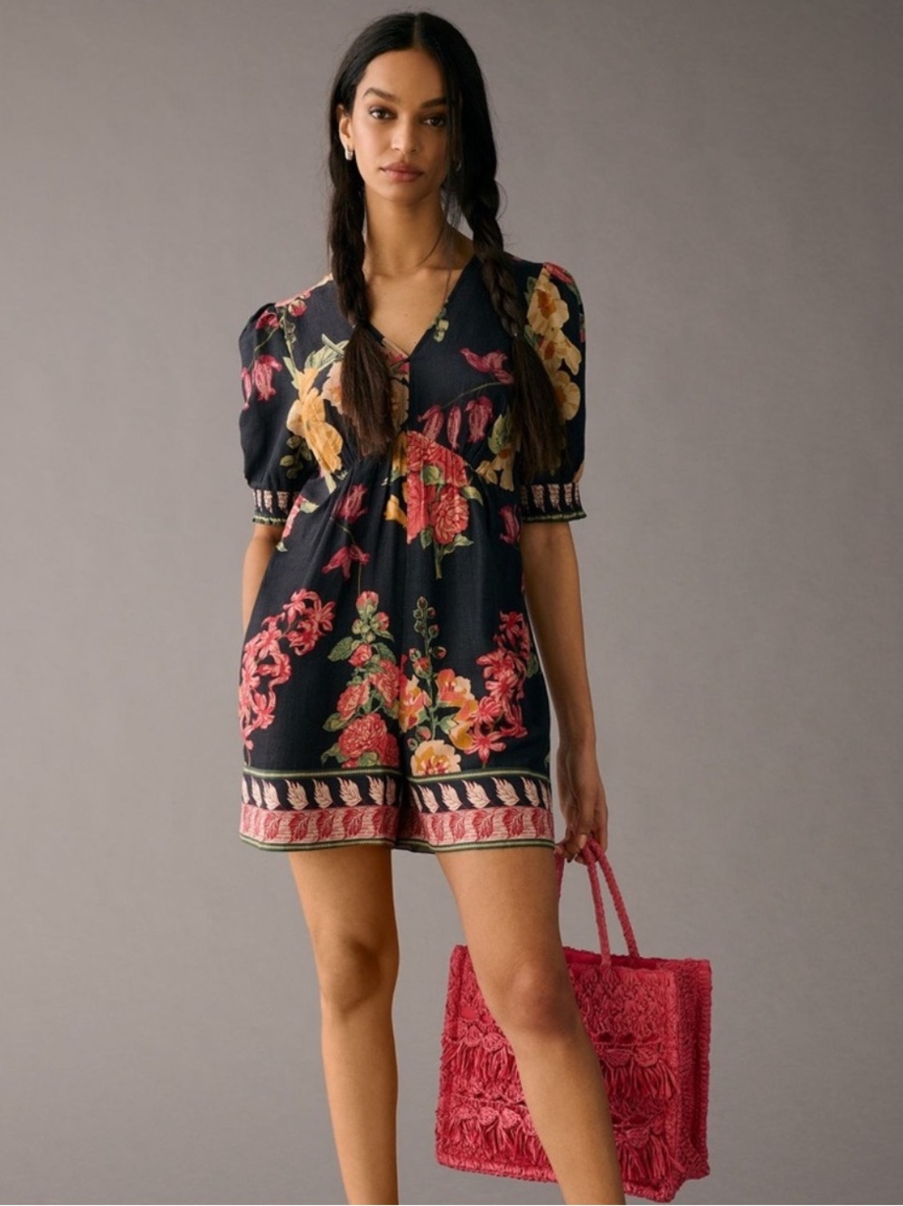 Anthropologie Ranna Gill Black Floral Motif Short Sleeve Linen Blend Romper